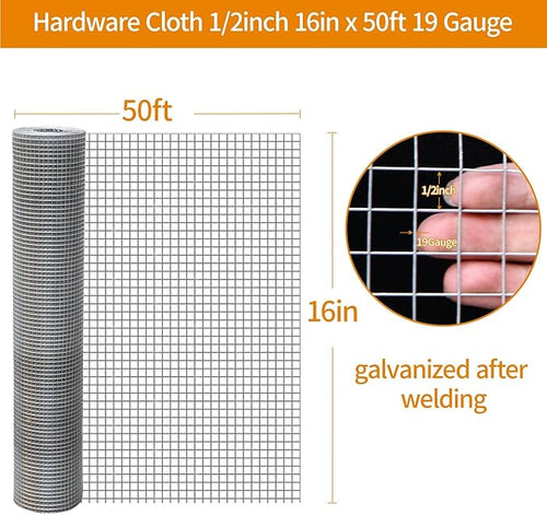 1/2inch 16"x50' Chicken Wire Fencing Roll, Galvanized Hardware Cloth, 19Ga Hot-Dip Welded Preventing Snakes, Raccoons and Foxes