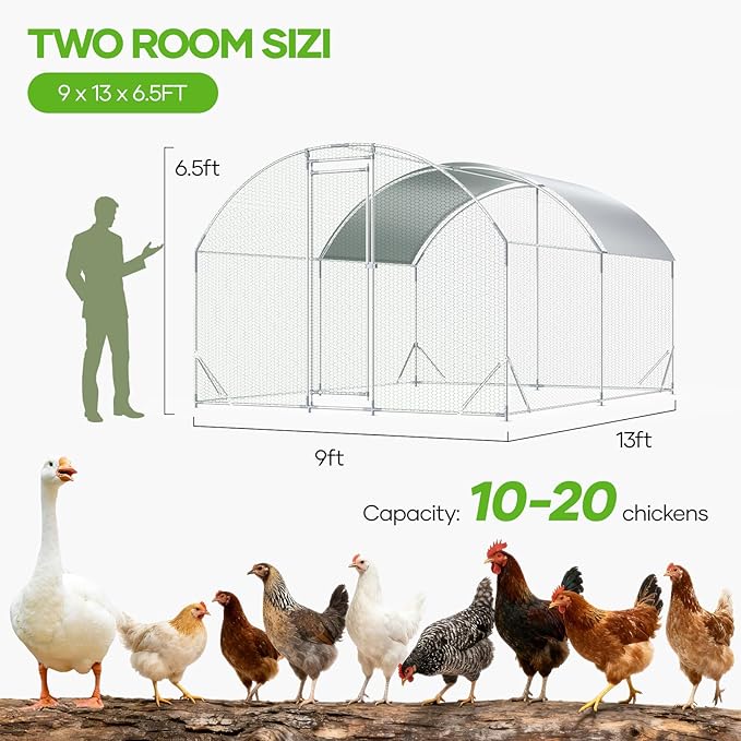 Large Metal Chicken Coop,10x13 FT Walk in Chicken Runs with Cover for 20 Chickens,Hen House Enclosure with Security Lock, Outdoor Duck Rabbit Cage Poultry Pens for Backyard,Farm,Yard