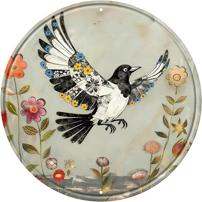 Bird Round Metal Tin Sign Wreath Farm Flowers Rustic Vintage Wall Art Decor for Garden Porch Yard Farmhouse Outdoor Decor 8x8inch