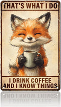 PEACHGARDEN Vintage Coffee Metal Sign Funny Fox Wall Decor I Drink Coffee And I Know Things Poster for Home Kitchen Garage Man Cave Wall Decor Plaque Art 8x12inch