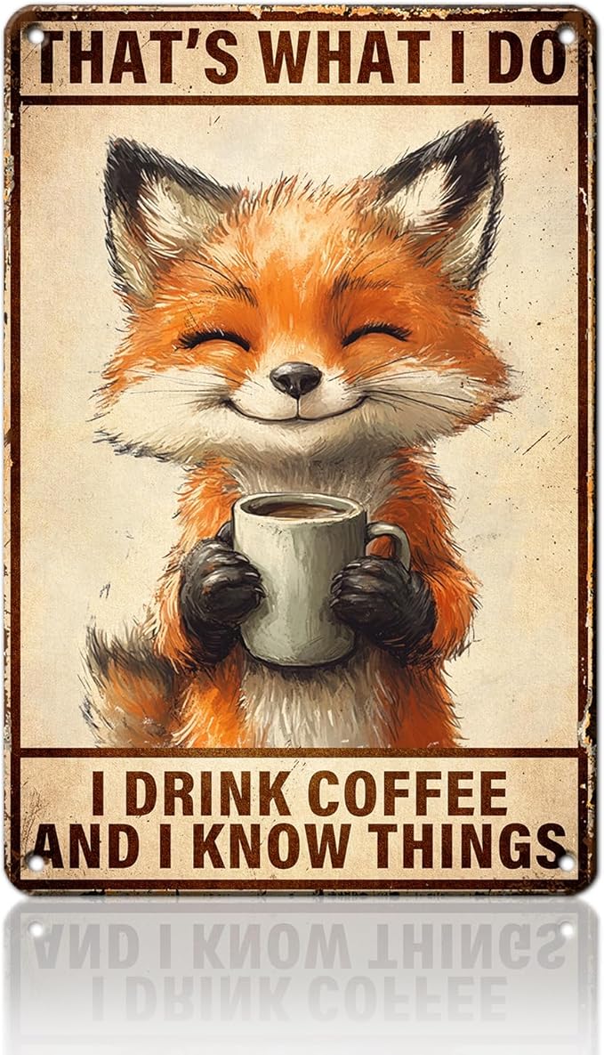 PEACHGARDEN Vintage Coffee Metal Sign Funny Fox Wall Decor I Drink Coffee And I Know Things Poster for Home Kitchen Garage Man Cave Wall Decor Plaque Art 8x12inch