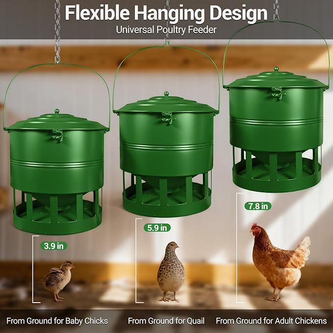 Metal Hanging Chicken Feeder No Waste, Rain-Proof Automatic Chicken Feeders, No-Spill Poultry Feeder, Rat Proof Gravity Chicken Feeder with 12 Ports for Farm & Backyard Chicken Coop