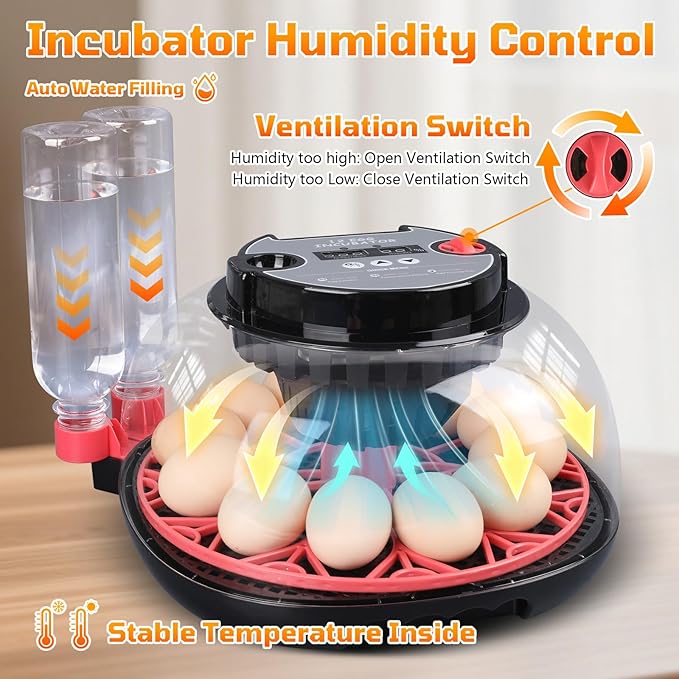 12-Egg Incubator, Automatic Egg Turning Function, Humidity Control, External Water Bottle for Watering, 360° Observation, Suitable for Chickens, Ducks, Geese, and Quails