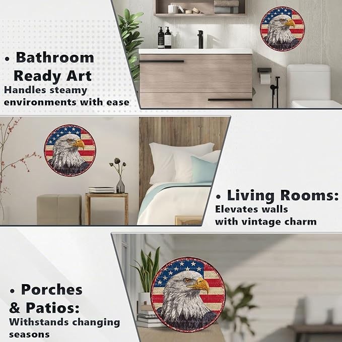 Vintage Bald Eagle Round Metal Sign Retro American flag Tin Sign Nostalgic Patriotism Wall Decor Decorations for Home Bedroom Living Room Cafe Bar Kitchen Yard Fence Door Outside 12 * 12 In
