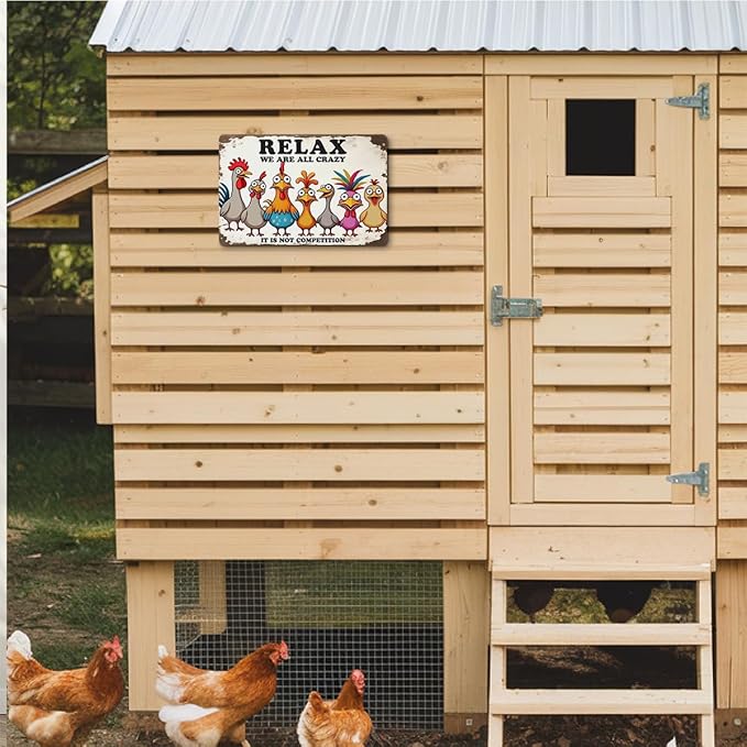 Funny Chicken Gifts for Women, Relax We’re All Crazy It’s Not Competition Aluminium Plate Signs, Humorous Chicken Decor for Farmhouse Coop Kitchen, Rustic Wall Art Decorations 8 X 12 Inch Metal Signs