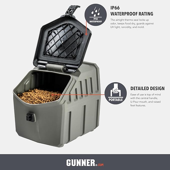 GUNNER 30 lbs Gunmetal Dog Food Storage Container with Measuring Scoop – Waterproof & Airtight Pet Food Bin for Dry Feed, Corn, Chicken Feed, Bird Seed & Treats – 3 Cup Ergonomic Scooper