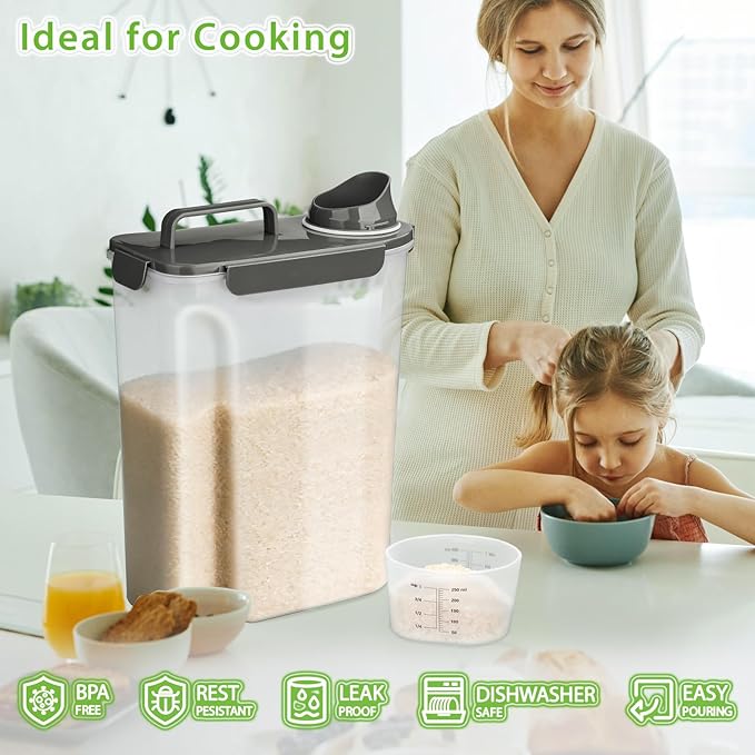 Rice Storage Container, 10 to 20lb Dry Food Airtight Dispenser, Pet Dog Cat Food Canister, BPA Free Clear Plastic Kitchen and Pantry Organization Bin for Oatmeal, Cereal, Pasta, Flour Grey