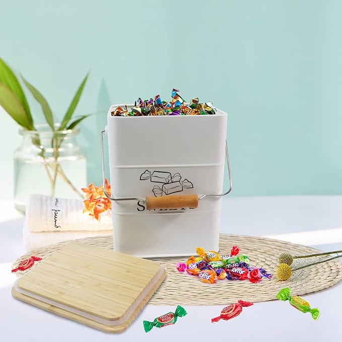 Candy Jar for Kitchen Counter, White Metal Candy Can Candy Tin with Airtight Bamboo Lid & Portable Handles, Candy Buffet, Party Table - Food Storage Canisters for Candies, Cookies, Sugar Cubes,