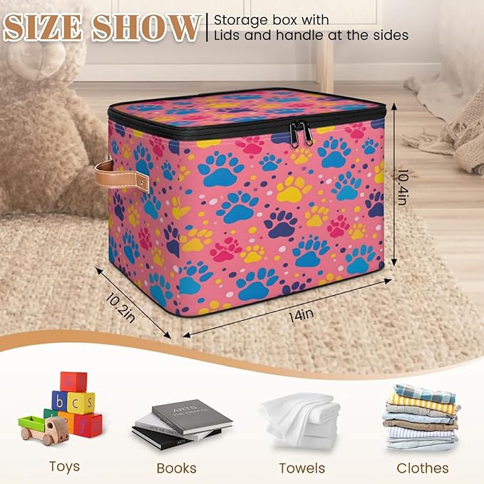 Storage Cubes with Lid Fabric Storage Bins Boxes PU Leather Handles, Dog Pet Paw Print Closet Organizer Container Foldable Washable Shelf Cloth Basket, Paw Print Colorful
