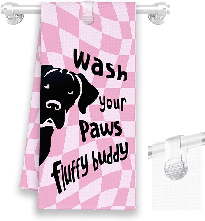 Pink Cute Dog Labrador Bathroom Kitchen Towels, Checkered Wash Your Paws Hand Towel for Bathroom, Funny Gifts for Dog Lovers, Trendy Preppy Dish Towels Decor for Dorm Girly Room 16x24in