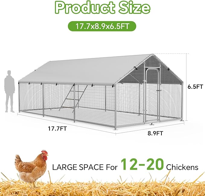 Large Metal Chicken Coop Run with Roosting Perch, Outdoor Poultry Cage with Waterproof & UV-Resistant Cover for Chickens, Ducks, Rabbits in Yard or Farm Use, Spire Roof(8.9'W x17.7'L x 6.6'H)