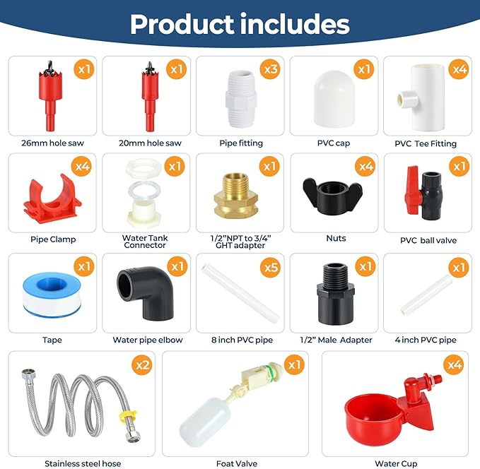 37 Pcs Automatic Chicken Waterer System Set, Chicken Watering System Kit with 4 Chicken Water Cups, Float Valve, Water System for Chickens Ducks Quail Poultry