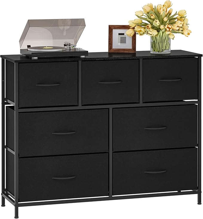 WelFurGeer 7-Drawer Fabric Dresser with Metal Frame, Dressers & Chests of Drawers, White Chest of Drawers for Bedroom, Hallway, Entryway, Closets, Kids Room Organization, Black