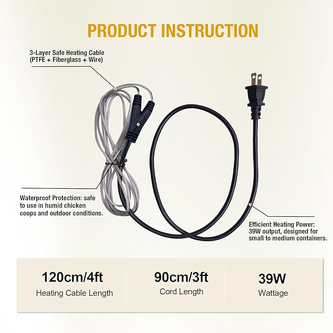 Chicken Water Heater Cord,39W Heated Chicken Waterer for Winter to Prevent Water Freezing,Poultry Water Heater for Chickens, Ducks & Other Small Animals -2Pack (Waterer Not Included)