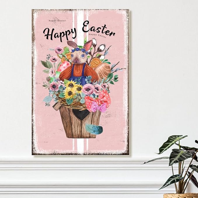Happy Easter Flower Basket Bunny Wood Wall Plaque French Style Floral Pink Stripes Sign Plaque Spring Greetings Happy Easter Wood Wall Decor Signs for Entryway 8x12in