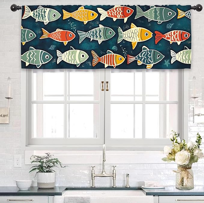 Colorful Fish Kitchen Curtain Valance 54W x 18L Inch Vibrant Funny Vintage Retro Rod Pocket Short Cafe Small Window Treatment Drapes Decor