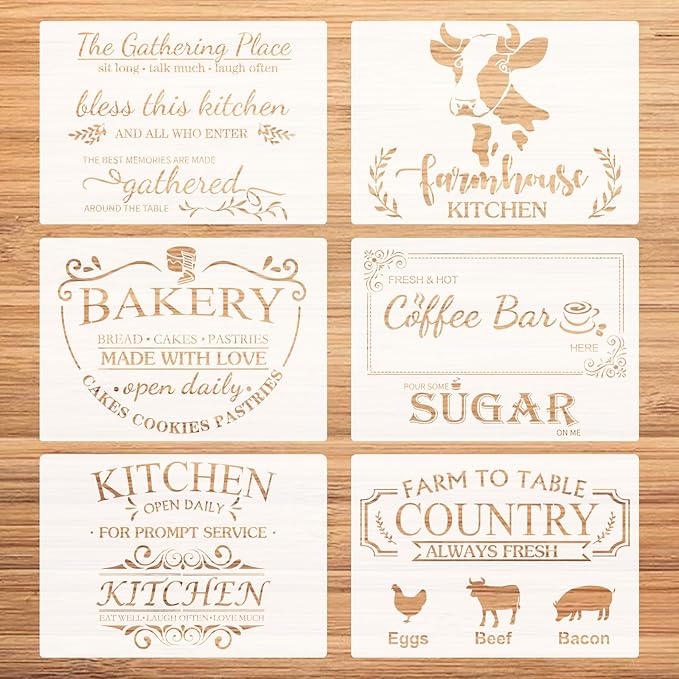 Farmhouse Kitchen Stencil for Painting on Wood,6 Pieces Farmhouse Kitchen Reusable Stencil,Bakery Sign Coffee Painting Templates for DIY Home Decor Wall Furniture
