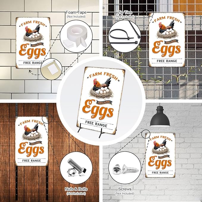 Farm Fresh Eggs Tin Sign Chicken Coop Metal Signs Funny Hanging Plaque For Hen House Outdoor Rustic Decoration Vintage Chick Inn Accessories Garden Yard Fence Home Decor 12x8 Inch