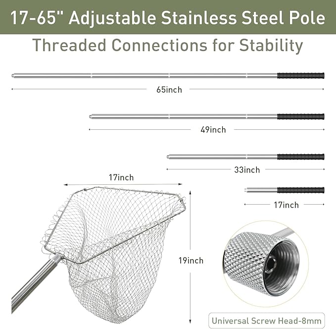 Heavy Duty Chicken Net Catcher - 17-65Inch Adjustable Stainless Steel Pole, 19Inch Large Opening Animal Net for Poultry/Birds/Fish, Foldable Metal Frame
