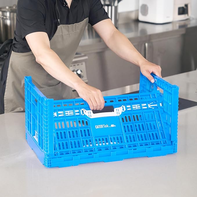 Restaurantware Plastic Milk Crates for Storage - Cater Tek Stackable Storage Buns for Organizing - Collapsible Storage Basket for Groceries, Home Supplies, Blue