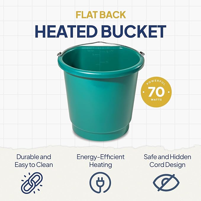 Farm Innovators 3 Gallon Flat Back Plastic Heated Bucket with Metal Handle, Built in Thermostat, and Hidden Cord Compartment, Green, 70 Watt (4 Pack)