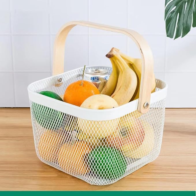Metal Mesh Wire Basket, Small Steel Basket with Wooden Handle Storage Organizer Basket Multi-functional Hanging Kitchen Baskets Fruit Baskets for Kitchen Bathroom Cabinet Pantry Snacks, White