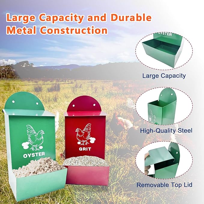 2 Pack Chicken Feeder,Large Capacity Oyster Shell Feeder with Lid,Metal Chicken Grit and Oyster Shell Feeder with 1 Scoop,Heavy-Duty Chicken Coop Accessories Rust Proof