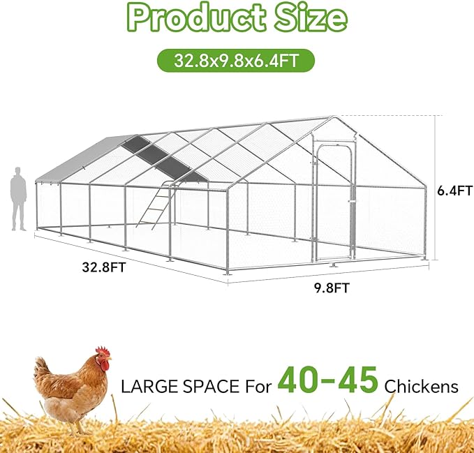 Large Metal Chicken Coop with Roosting Perch, Waterproof and UV Protection Cover, Chicken Run Outdoor Walk-in Cage Chicken Rabbit Duck Hen House, Spire Roof (393.70×118.11×77.95 in)
