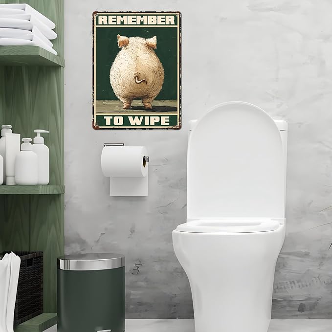 Vintage Pig Tin Sign Remember To Wipe Retro Wall Decor Nostalgic Art Funny Rustic Metal Poster Outdoor Store Cafe Poultry House Pubs Yard Bathroom Farm Farmhouse Toilet Restroom 12 * 16inch