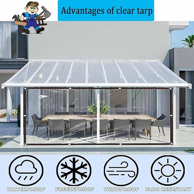 Clear Waterproof Tarp with Grommets, Outdoor Thicken Transparent Tear Resistant PVC Vinyl Tarpaulin Windproof Poly Shade Cloth with 1 Roll Rope, for Patio,Porch,Deck,Greenhouse,9x23 FT