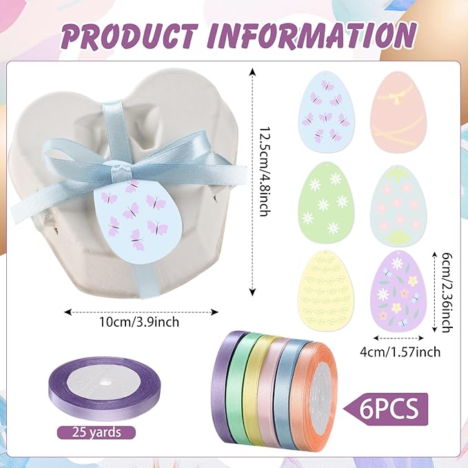 24 Pcs Easter Egg Cartons White Heart Shaped Egg Holder Natural Pulp Paper for Chicken Eggs with Macaron Color Label Ribbon for Easter Gift, Arts and Crafts Reusable Mini Egg Cartons