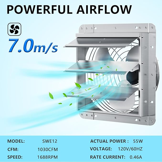 12 Inch Shutter Exhaust Fan, Aluminum Wall Mounted Exhaust Fan, 1030 CFM High Speed Automatic Shutter Attic Fan, Vent Fan For Greenhouse,Shed,Shop,Garage