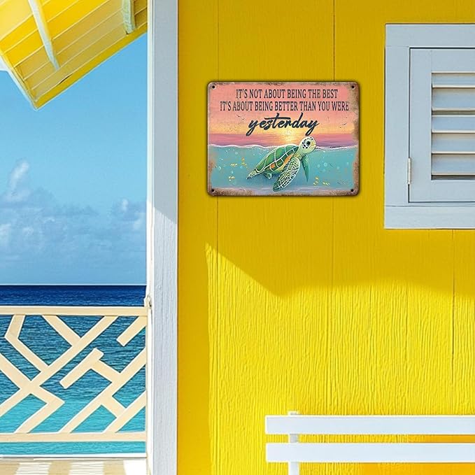 Vintage Sea Turtle Poster Metal Sign It's Not About Being The Best Sign Funny Retro Sign Restaurant Home Man Cave Wall Decor Signs 12x16 Inch