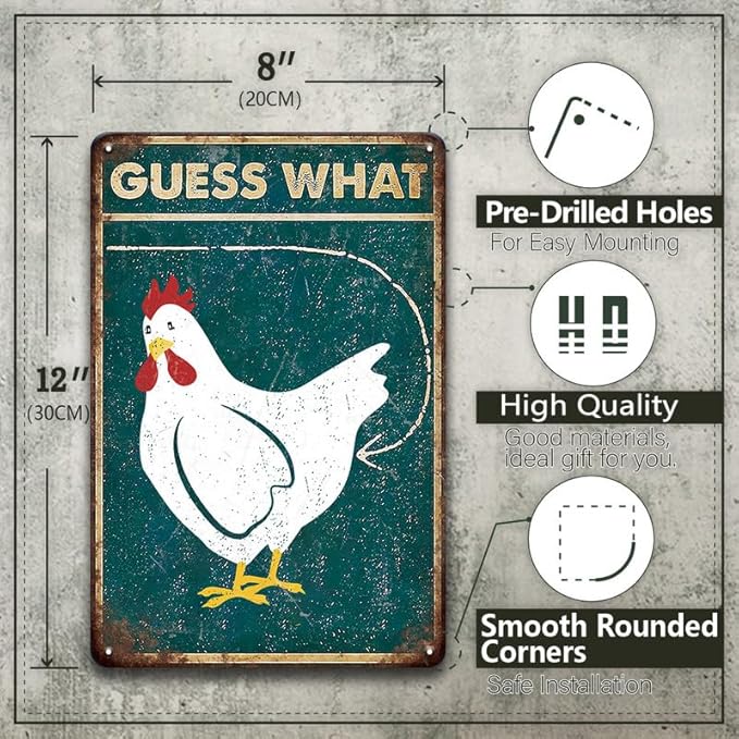 YOYI ART Funny Chicken Coop Sign for Outside - Guess What Chicken Butt, Rustic Vintage Metal Chicken Signs, Chicken Coop Decor Sign for Outdoor Farm Fence, Chicken Gifts for Women, 8 x 12 inch