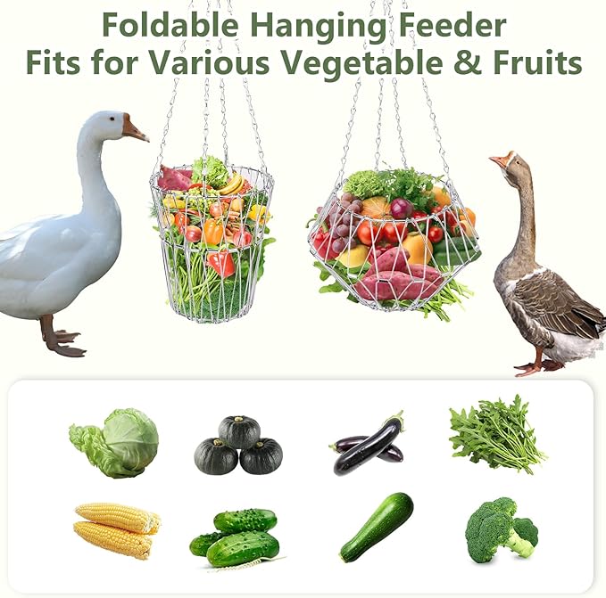 Chicken Vegetable Hanging Feeder, 9.2in Chicken Treat Dispenser, Foldable Chicken Toys for Coop with 4Pcs Hanging Stainless Chain, Veggie Treat Ball for Chicken,Hens,Duck,Rabbit, (1PCS)