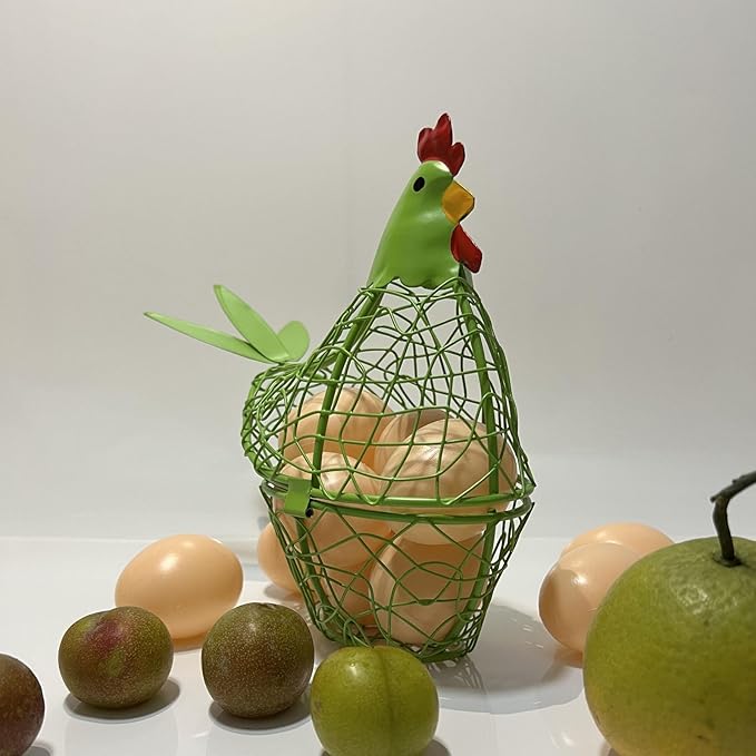 Wire Chicken Egg Basket for Desktop Decorative Ornaments,Egg Holder Chicken Shape Metal Egg Basket for Kids Gathering Fresh Eggs Farmhouse Rooster Wire Basket for Kitchen Countertop Decoration (Green)
