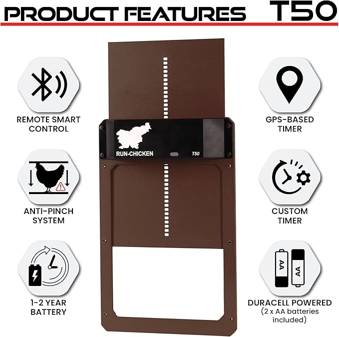 RUN-CHICKEN Door T50 – Automatic Chicken Coop Door Opener, Battery Powered & Weatherproof Aluminum, Smart App & Timer Control, Predator Proof, Easy Install, Reliable All-Season Performance (Brown)