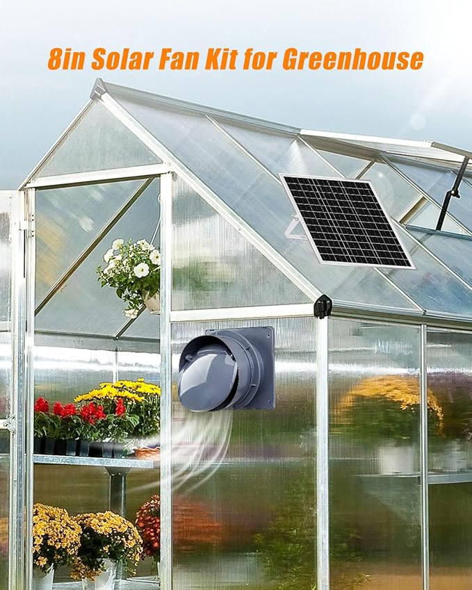 8" Solar Fan for Greenhouse, Coop and Attic – 25W Solar Panel and 10FT Adapter, High-Speed Waterproof Exhaust Fan with Anti-Backflow Valve