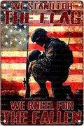 Vintage American Soldier Tin Sign We Stand For The Flag We Kneel For The Fallen Metal Sign Decor for Women Men Wall Decor for Independence Memorial Day Veterans Day Home Bedroom Man Cave 8X12Inch