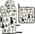Witch Gothic Pot Holders and Oven Mitts Set, Witchy Wicca Black Cat Skull Kitchen Oven Gloves Hot Pads, Halloween Goth Kitchen Mitts for Cooking Baking Grilling BBQ, Gothic Witchy Gifts for Women