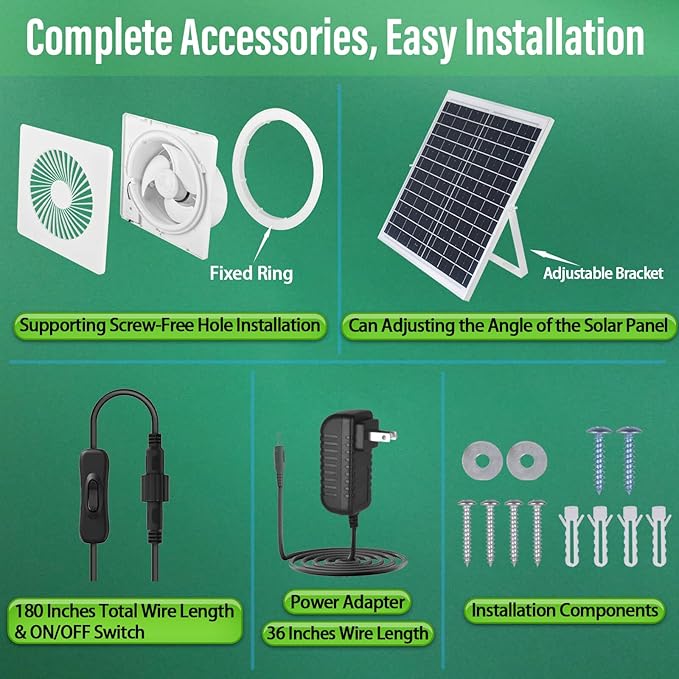 Solar Exhaust Fan, 25W Solar Panel 8'' High Speed with Bracket Solar Powered Fan, 2600 RPM Powerful Solar Fan for Chicken Coop, with an AC to DC Power Adapter for Greenhouse,Shed Attic