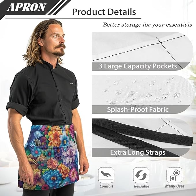 Waist Apron with 3 Pockets Waterproof 13 Inch Short Half Waist Aprons Women Men Server Aprons Waitress Waiter Apron
