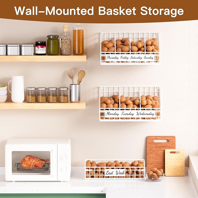 Egg Holder Countertop with 3 Dividers & Labels, 1 Tier Stackable Chicken Egg Baskets for Gathering Fresh Eggs in Small Space, Low Egg Organizer for Storage, Wall-Mounted, White