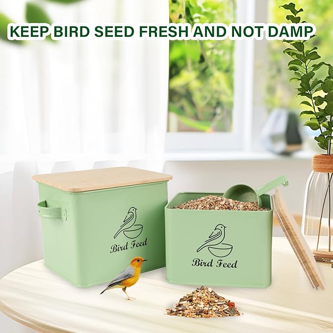 Airtight Bird Seed Storage Container Set of 2, 10LB Metal Bird Food Container with Bamboo Lids,Wild Bird Seed Tin for Storing Sunflower Seed-Squirrel proof -Green