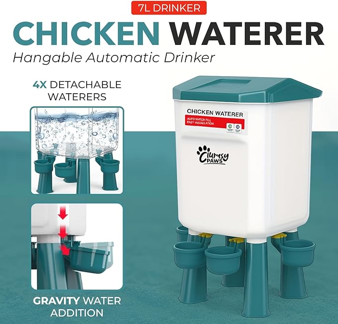 Automatic Chicken Feeder and Waterer Set, Adjustable 3 in 1 Poultry Feeder with Short & Long Legs & Hanging Hook, 7L Chick Waterer & 17.6lb Chick Feeder, No Waste Design for All Poultry Sizes