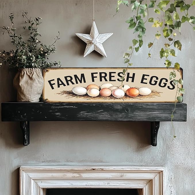 Rustic Chicken Coop Decorative Sign - ''Farm Fresh Eggs' Metal Sign, 16x4 Inch - Farmhouse Art Plaque Sign For Home, Hen House, Yard, Bar or Cafe, Store Hanging Decor, Room Decor