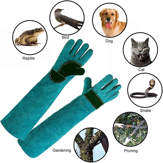 23.6'' Leather Animal Handling Gloves,Bite Proof Multipurpose Pet Glove for Dog,Cat Scratch,Falconry Gloves Grabbing Reptile (Light Green)