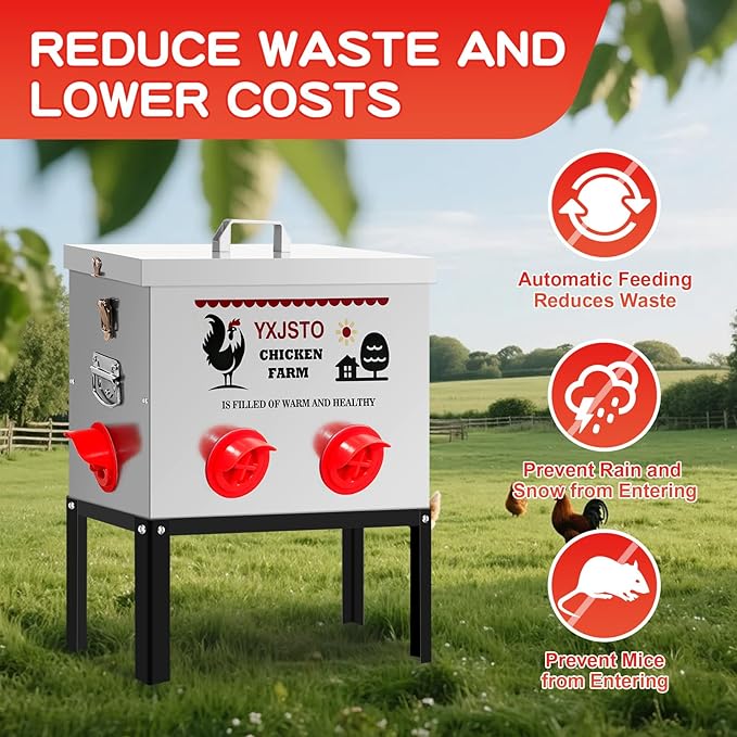 40LB Automatic Chicken Feeder with 6 Ports, Heavy Duty Metal No-Waste Poultry Feeder, Rustproof & Weatherproof Chicken Feeder with Adjustable Legs & Locking Lid