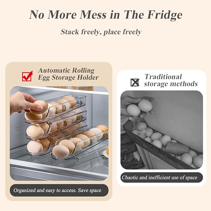 Automatic Rolling Egg Holder for Fridge Clear Countertop Kitchen Storager Container Organizer Dispenser for Refrigerator Stackable Removable, Egg Accessories - (2 pcs of 1-Tire, Stackable)