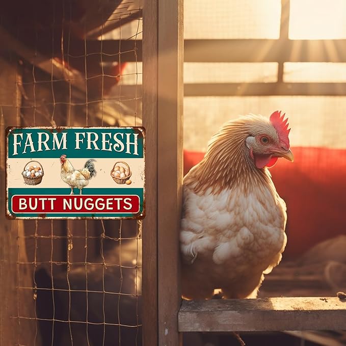 Farm Fresh Butt Nuggets Metal Tin Sign Funny Chicken Coop Sign For Farmhouse Coop Funny Outdoor Chicken Yard Wall Decor 8x12 Inch
